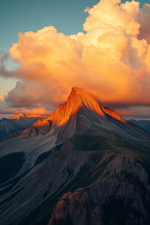 mountain landscape during golden hour with dramatic clouds, shot with a Canon EOS R5, 50mm lens, aperture f/8, ISO 100, shutter speed 1/200s, wide-angle view, high dynamic range, focus on peak details