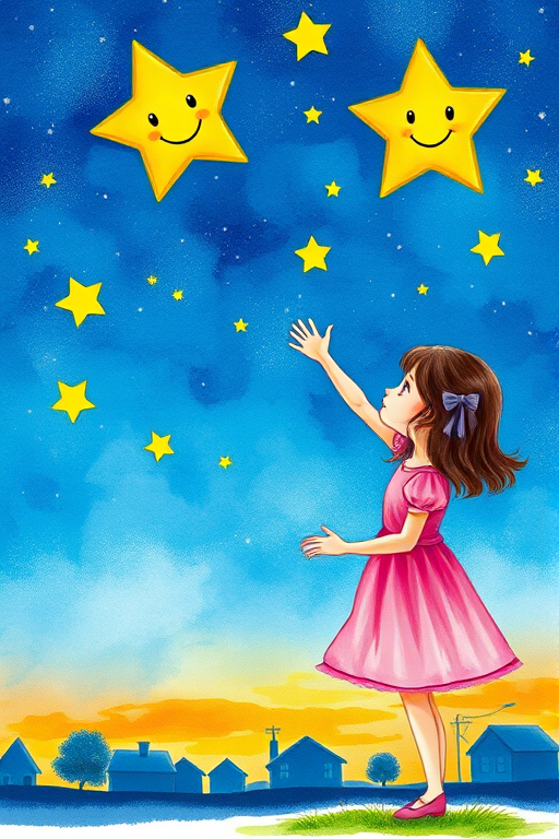 Create a whimsical watercolor illustration of a girl in a pink dress reaching for a smiling star in a colorful night sky with blue and orange hues, including whimsical yellow stars and silhouettes of houses, shot with a DSLR camera at f/5.6 aperture, ISO 200, 50mm lens, in portrait orientation with a soft focus background for depth.
