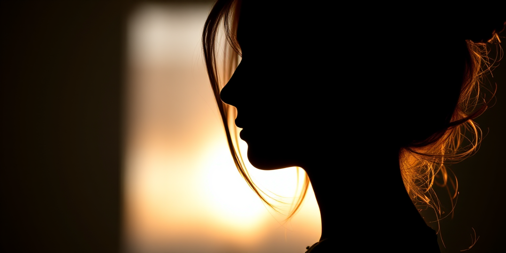 Create an artistic silhouette of a person's profile with intricate details, focus on the hair and facial features, use a DSLR camera, 50mm lens, aperture f/1.8, ISO 200, and a shallow depth of field to create a soft background effect.