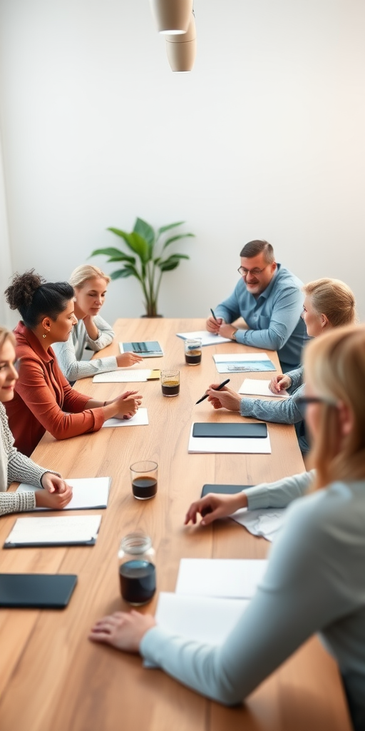 Create an image of a modern corporate meeting with diverse professionals engaged in discussion around a long wooden table in a well-lit room, captured with a Canon EOS R5, 50mm lens, f/1.8 aperture, ISO 200, shallow depth of field, natural light, emphasizing expressions and interactions.