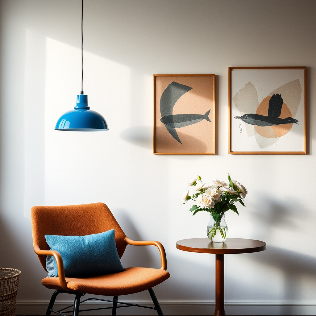 create a cozy interior scene featuring a modern blue pendant light, a stylish brown chair with a blue cushion, a round table with stacked books, a vase of flowers, and abstract wall art, captured with a DSLR camera at f/4.0 aperture, ISO 200, 50mm lens, and natural light for a soft, inviting atmosphere
