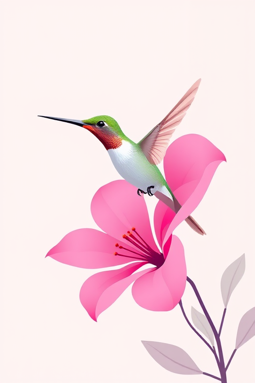 create a minimalistic illustration of a hummingbird delicately hovering near a vibrant pink flower, using a soft pastel background, focus on fine line art with elegant curves, camera settings: f/4, ISO 100, shutter speed 1/200, camera view: close-up, camera style: artistic, camera type: DSLR