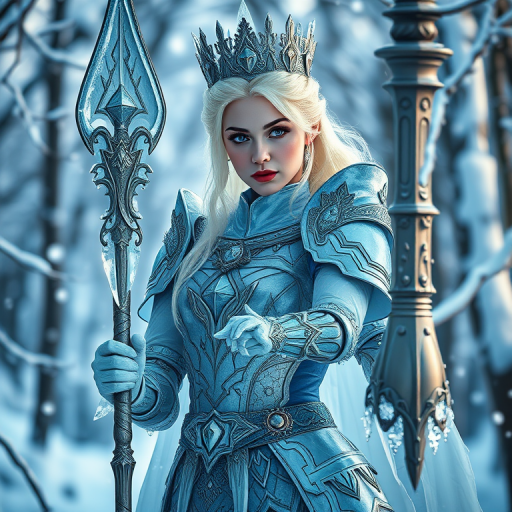 regenerate an image of a beautiful ice queen in an enchanted snowy forest, detailed armor with ice elements, dynamic pose holding a magical staff, soft ethereal lighting, focus on facial features, depth of field, shot with a Canon EOS R5, 85mm lens, f/1.4 aperture, ISO 100, 1/200s shutter speed