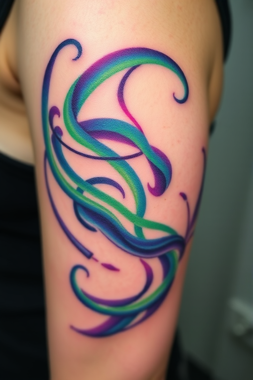 Ethereal "Northern Lights" tattoo captures the mesmerizing beauty of the aurora borealis. Swirling ribbons of green, blue, and purple dance across the skin, creating a sense of movement and wonder. Subtle gradients and color blending techniques mimic the shifting hues