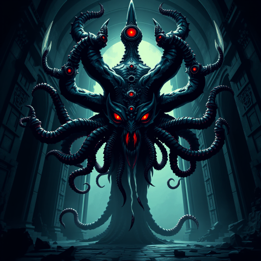 regenerate a detailed pixel art image of a menacing deity with multiple eyes and tentacles in a dark, gothic temple, using a wide-angle lens, f/8 aperture, ISO 100, 24mm focal length, soft lighting, and a cinematic style for enhanced depth and color vibrancy