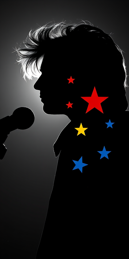 Create a high-contrast black and white silhouette of a famous musician, featuring vibrant stars in red, yellow, and blue, shot with a DSLR camera at f/2.8 aperture, ISO 100, 50mm lens, at eye level with a soft focus background.