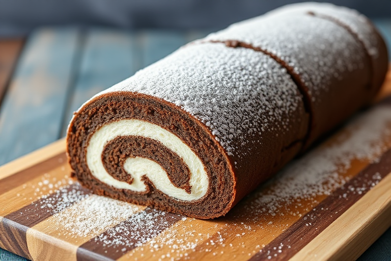 Chocolate Swiss roll dusted with powdered sugar on a wooden cutting board with a blurred background.