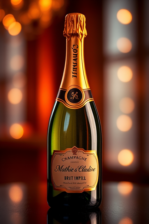 create a high-resolution image of a champagne bottle labeled "Mathie & Claudine Brut Imperial" with vibrant lighting, set against a soft-focus background, using a DSLR camera, 50mm lens, f/1.8 aperture, ISO 100, and a well-lit studio setting