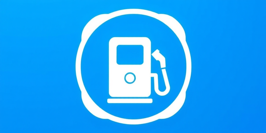Create a high-resolution image of a fuel pump icon on a blue background, using a DSLR camera with a 50mm lens, aperture set to f/8, ISO 100, shot from a straight-on view, with natural lighting for clarity and sharpness.