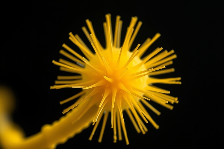 Create a highly detailed 3D rendering of a yellow pollen grain with sharp spikes, using a macro lens at f/2.8, ISO 100, shutter speed 1/200s, in a studio setting with softbox lighting to enhance contrast and depth.