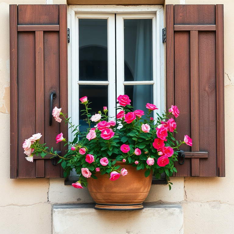 a rustic window with wooden shutters and a flower pot overflowing with blooming plants, watercolor style, soft focus, natural light, 50mm lens, f/1.8, ISO 100, shutter speed 1/125s, captured with a DSLR camera