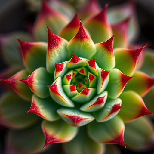 macro shot of a green succulent with red tips, captured with a Canon EOS 90D, 100mm f/2.8 macro lens, aperture f/8, ISO 200, natural light, top-down view, high detail and vivid colors.