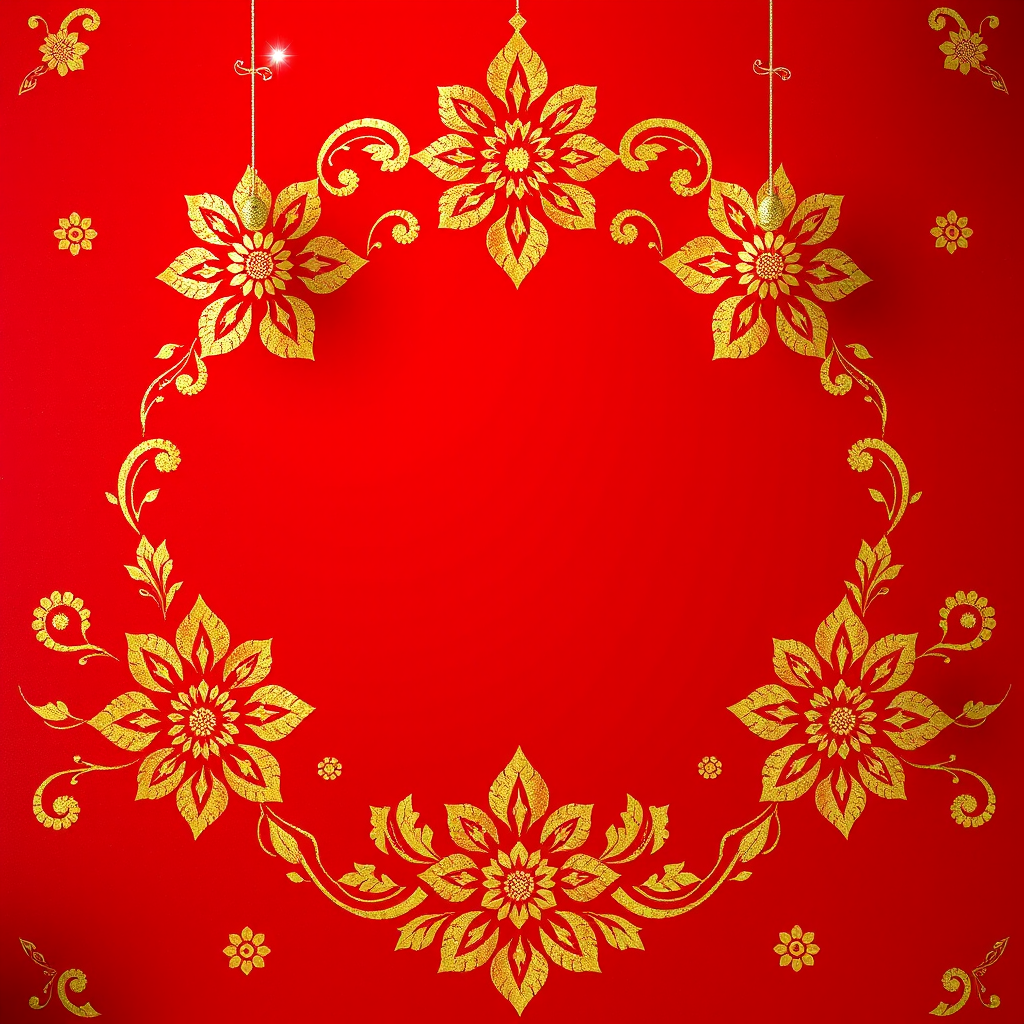 Create a decorative background with a rich red color, featuring intricate golden floral designs and sparkling orbs, photographed with a DSLR camera, 50mm lens, f/2.8 aperture, ISO 100, and soft diffused lighting for enhanced clarity and vibrancy.