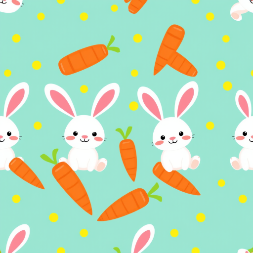 Create a vibrant and playful pattern featuring cute cartoon rabbits with large ears and smiling faces next to bright orange carrots on a teal background with small yellow polka dots, captured in high resolution using a DSLR camera with a 50mm lens, f/2.8 aperture, 1/125s shutter speed, and set to a vibrant color profile.