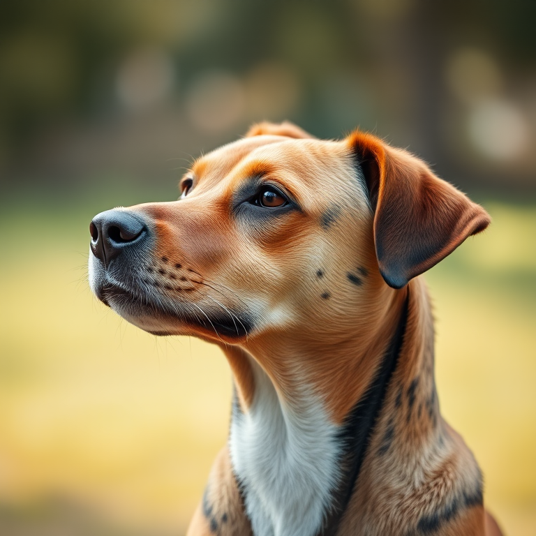 portrait of a dog with soft focus background, natural light, aperture set at f/2.8 for shallow depth of field, shot using a DSLR camera with a 50mm lens, high-resolution, side profile angle