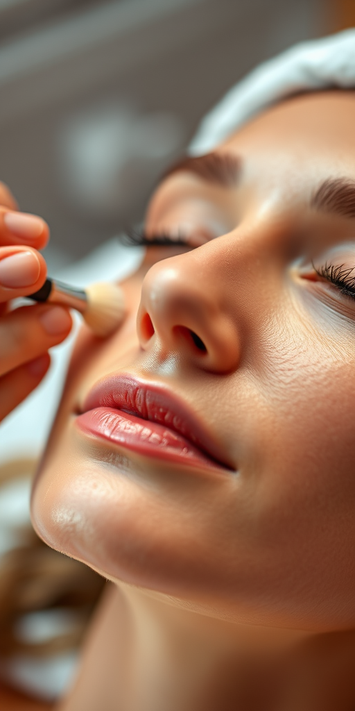 Close-up of a woman receiving a facial treatment in a spa, soft lighting, 50mm lens, f/2.8 aperture, ISO 100, shallow depth of field, DSLR camera, natural skin tones, relaxing atmosphere, focus on the woman's serene expression and the applicator brush.