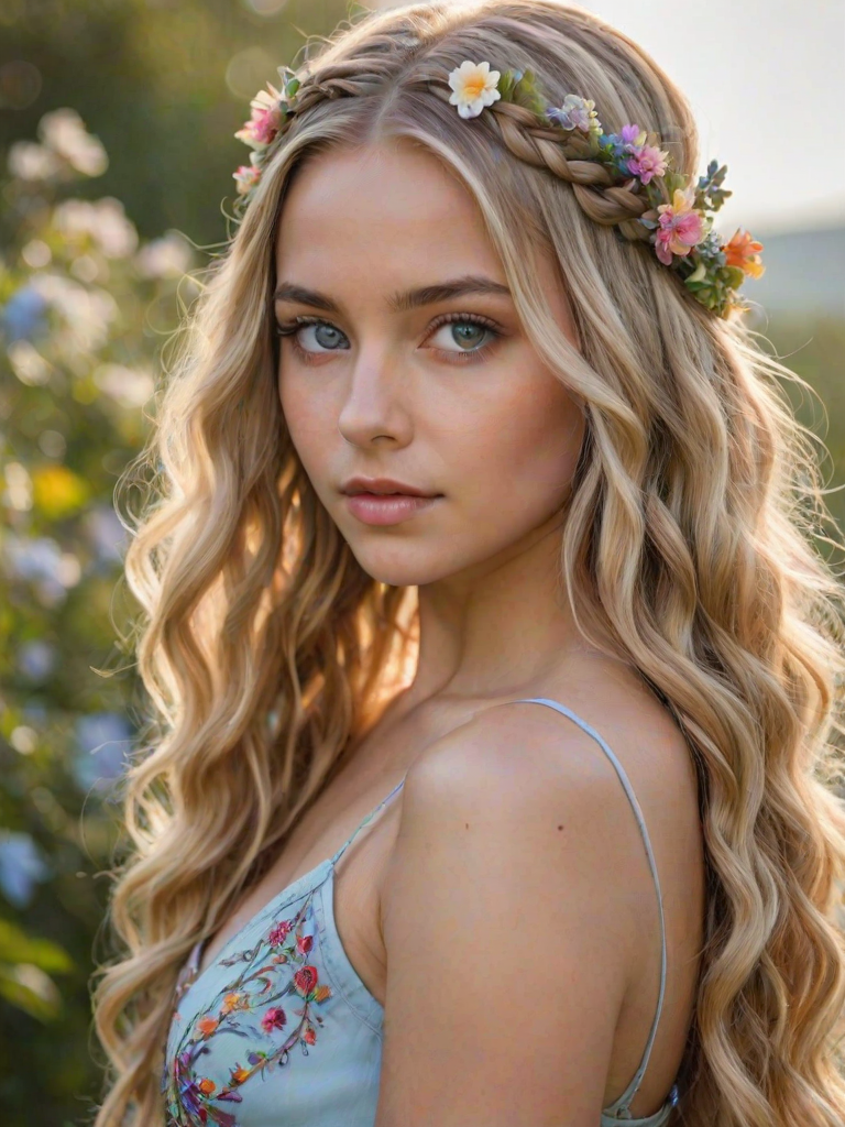 Create an image of a young Latino woman with long, wavy blonde hair, adorned with small, colorful flowers woven into her braids and loose strands. Her complexion is fair, with soft, glowing skin, and she has light blue eyes that gaze softly at the viewer. She wears a light, flowing dress with a gentle, ethereal quality, complementing her delicate and serene appearance. The background is slightly blurred, drawing focus to her tranquil expression and the intricate details of the flowers in her hair. The overall mood of the image is one of natural beauty and grace, evoking a sense of peacefulness and connection with nature.
