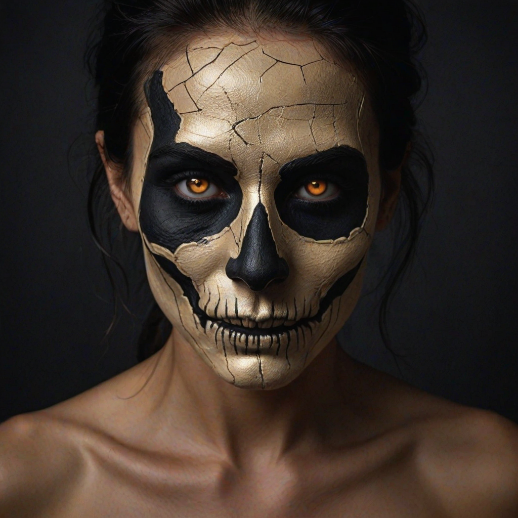 Create image featuring a close-up of a face painted like a skull. The skin is predominantly white with textured, cracked paint. The eye sockets are painted black, blending into the natural shadows of the eyes, creating a deep, hollow look. Bright, intense golden-yellow lights radiate from the eyes, casting a warm glow that contrasts with the cold, esoteric background. The nose is painted black in the shape of a spade. The mouth area features black lines extending from the corners, resembling a stitched effect. The face has sporadic black hair strands that frame it dramatically, adding to the eerie yet captivating feel. The background is blurred and dark, enhancing the focus on the face. Small, glowing orange embers are scattered sporadically across the image, contributing to the mysterious and magical atmosphere. The overall style is hyper-realistic with an emphasis on the contrast between light and dark elements, giving it an almost supernatural
