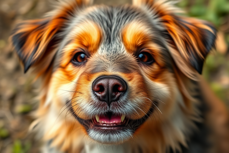 Create a highly detailed portrait of a fluffy dog, showcasing its expressive face and colorful fur textures, captured with a Canon EOS R5 camera, 85mm f/1.4 lens, in natural light at f/2.8 for soft background blur, in a close-up view for emphasis on facial features.