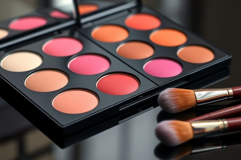 high-quality macro photograph of a makeup palette with nine vibrant cream blushes and two makeup brushes on a reflective black surface, use a Canon EOS 5D Mark IV, aperture f/2.8, shutter speed 1/160s, ISO 100, 50mm lens, natural light for soft shadows and enhanced colors