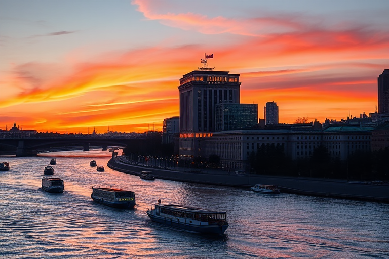 capture a vibrant sunset over the Moscow River with the high-rise building illuminated in the foreground and boats moving through the water, use a DSLR camera with a 24mm lens, aperture f/8, shutter speed 1/200s, ISO 100, shot at twilight for rich colors, wide-angle view for expansive scene.