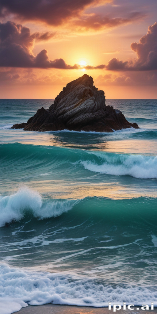 Tranquil Sunset Over Ocean Waves and Majestic Rocky Outcrop