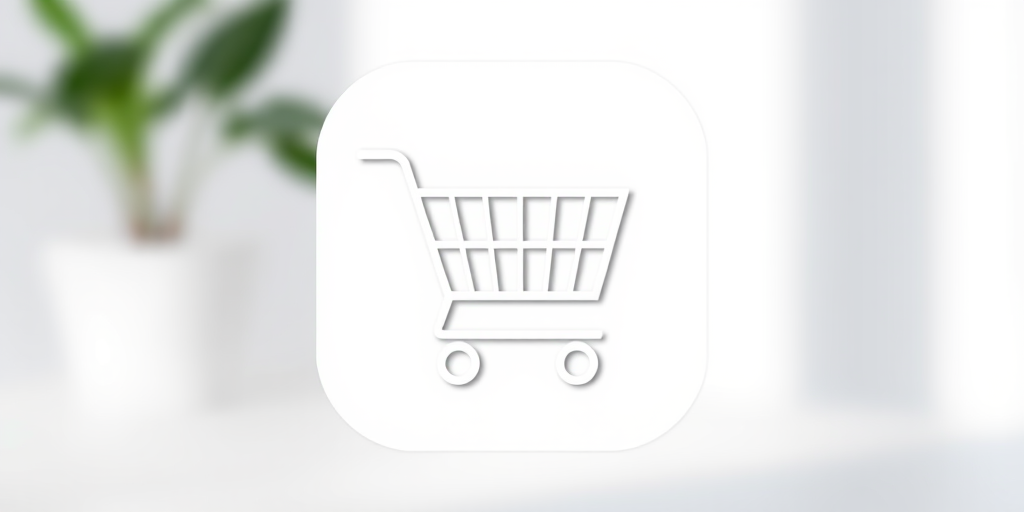 Create a high-resolution image of a shopping cart icon with a sleek minimalistic design, utilizing a 50mm lens, aperture f/1.8, ISO 100, shot in natural light with a focus on smooth lines and geometric shapes, captured on a DSLR camera from a straight-on view.