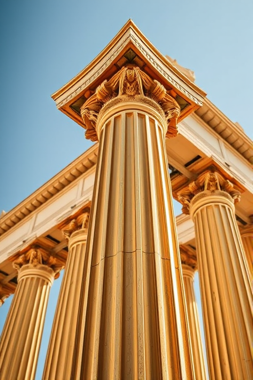 Generate a high-resolution image of a golden Corinthian column, with a focus on intricate details, using a canon EOS R5 camera, 50mm lens at f/1.8, 1/200 sec shutter speed, in natural lighting from a slightly elevated angle for depth.