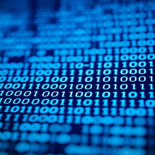 Generate an image of a digital binary code background with a focus on blue hues, using a Canon EOS R5, 50mm lens, f/1.8 aperture, ISO 200, capturing the scene in a macro view with a high dynamic range.