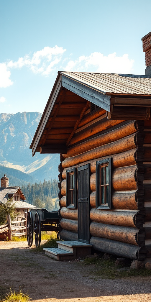 Regenerate the image of a rustic wooden house with a view of a mountain landscape, including a vintage cart, using a DSLR camera with a 50mm lens at f/2.8, ISO 200, 1/200s, in natural lighting, captured at a wide angle to emphasize depth of field.