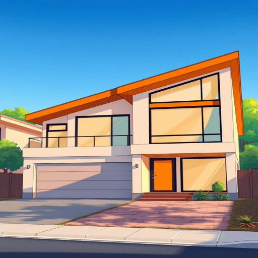 illustration of a modern two-story house with a slanted orange roof, large windows, and a driveway, captured with a wide-angle lens at f/8, ISO 100, 24mm focal length, shot from a low angle for depth, using a digital camera for high clarity