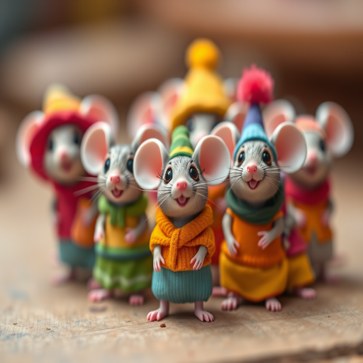 Create an image of a whimsical gathering of cartoon mice wearing colorful outfits and hats, captured with a Canon EOS R5, 50mm lens, f/1.8 aperture, ISO 200, at a shallow depth of field, using a vibrant color palette and soft focus background.