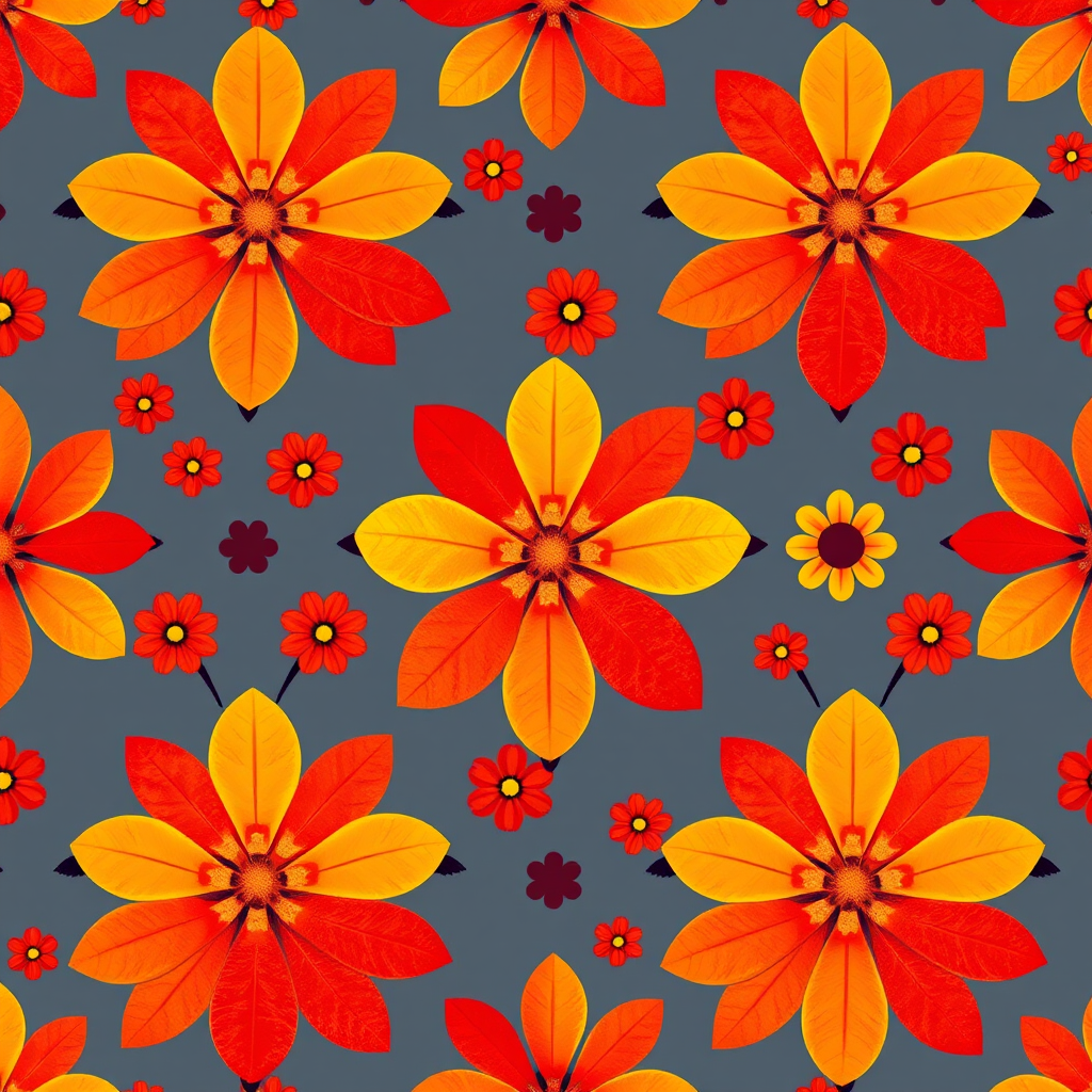 Create a seamless pattern of stylized flower shapes in vibrant shades of red, yellow, and orange, shot with a DSLR camera at f/8, ISO 100, 50mm lens, top-down view, in bright natural light for enhanced color saturation and sharpness.