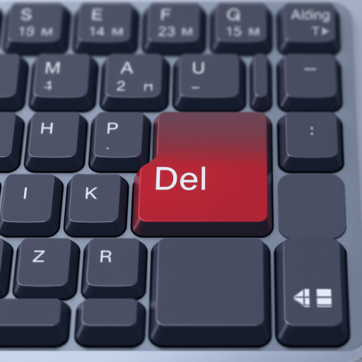 Create a high-resolution digital illustration of a computer keyboard with a focus on the red "Del" key, using a macro lens at f/2.8, ISO 100, 1/125 sec, top-down view, in a modern flat design style to enhance clarity and detail.