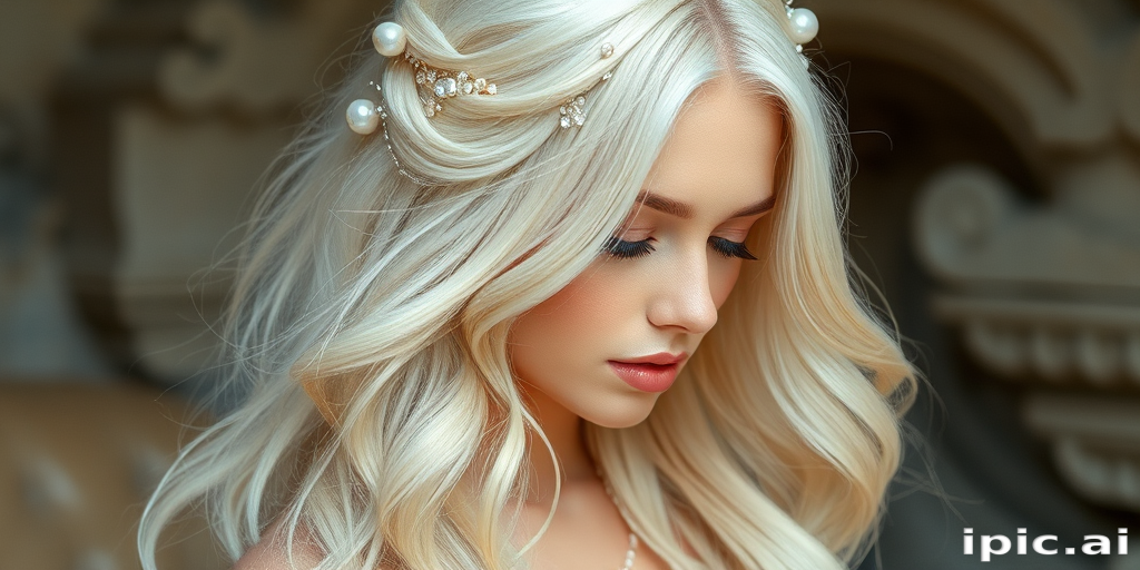 Ethereal goddess with waist-length platinum blonde hair styled in ethereal loose waves, adorned with delicate pearl and crystal hair accessories