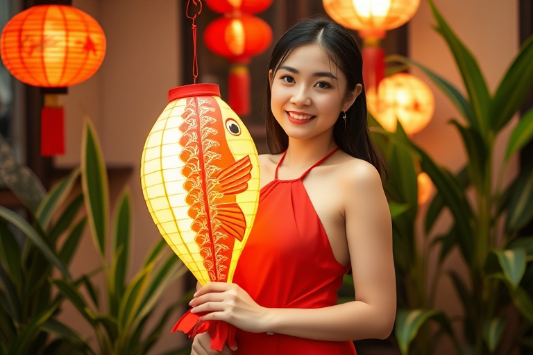 A young woman wearing a red halter top holding a colorful fish lantern, standing in a traditional setting with plants and lanterns in the background.