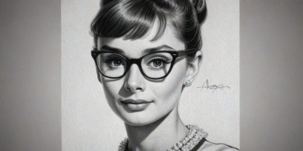Pleasing Audrey Hepburn, pencil sketch, portrait of Attractive woman 1929s in glasses, hair style beatnik, outline, clear lines, fine lines, 8k