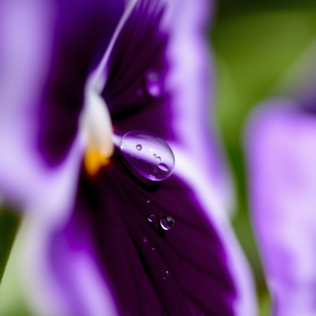 Close-up of a purple pansy flower with water droplets, macro lens, 50mm f/1.8 aperture, ISO 200, natural light, shallow depth of field, captured with a DSLR camera.