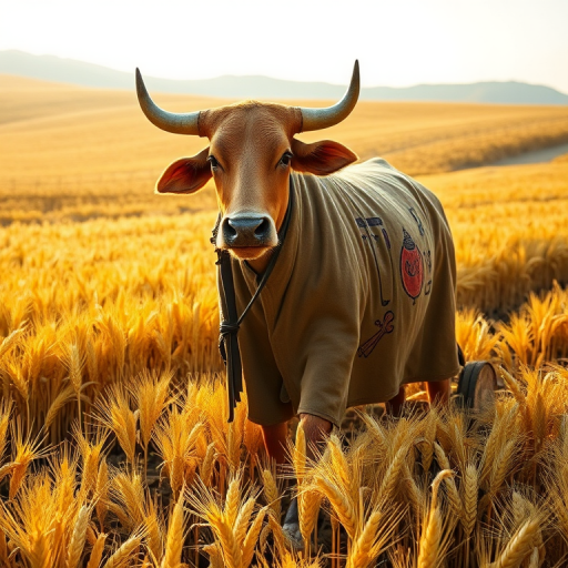 animanflux,This is a surrealistic realistic photography,in traditional Chinese attire, Tang dynasty, In the peaceful fields, an anthropomorphized ox is slowly plowing. The field is illuminated by the sun, golden waves of wheat roll over, and the air is filled with the aroma of earth and crops. Its eyes were gentle and determined, and its face wore a hint of satisfaction, as if it was enjoying the fruits of its labor. Dressed in a brown cloth coat embroidered with farming tools and the pattern of the five grains, it looks simple and industrious, and the hem of the cloth coat swings gently with its steady pace, as if telling the story of the field. In the field, the ears of wheat hang down their heads heavily, and its cloth gently swings with them, the whole scene is full of the joy of harvest.