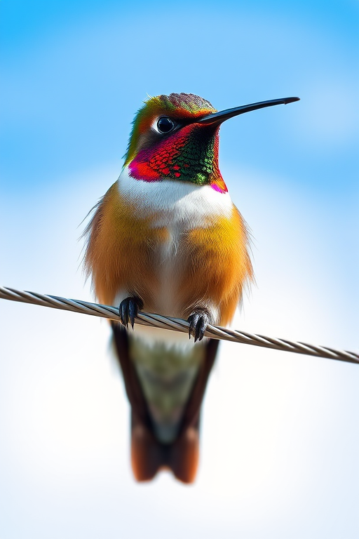 a close-up of a colorful hummingbird perched on a thin wire against a clear sky background with a slight focus on its iridescent feathers