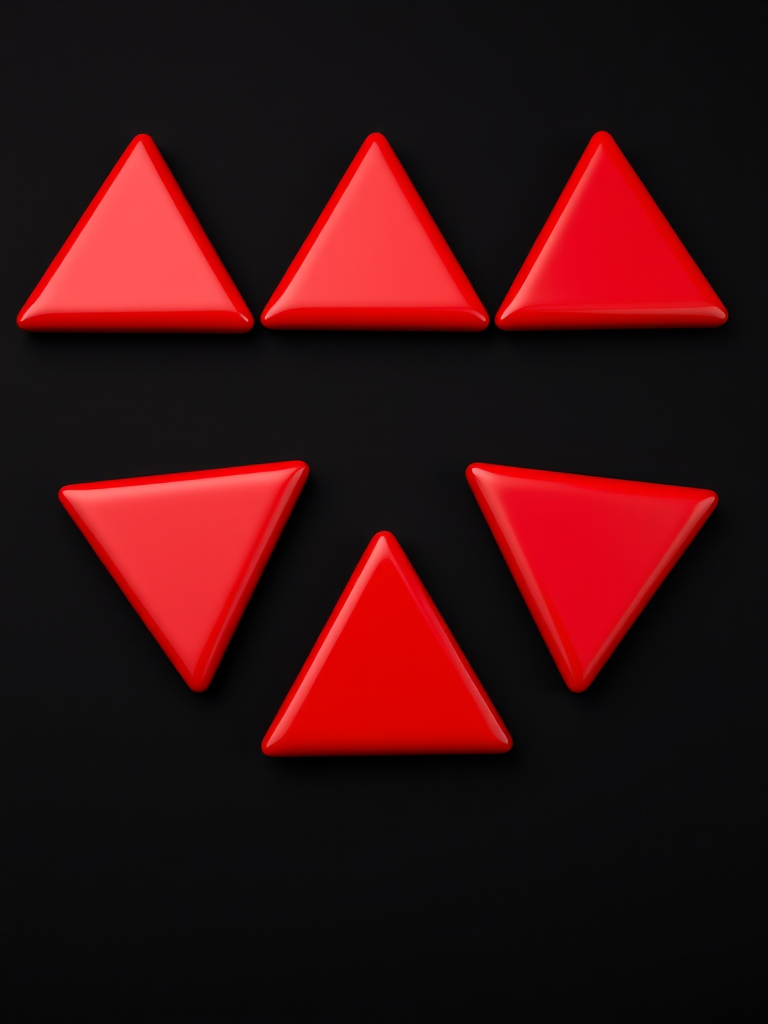 Create an image of five glossy red triangular shapes arranged in a diagonal pattern against a black background, taken with a Canon EOS R5 at f/8, ISO 100, 1/125 sec, with a macro lens for sharp detail and vibrant colors, using a softbox for even lighting.