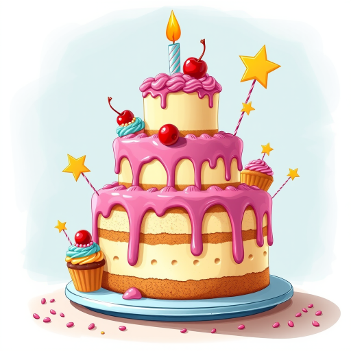 Create a detailed illustration of a three-tiered birthday cake with vibrant pink frosting dripping down the sides, topped with a candle and cherries, adorned with colorful cupcakes and star decorations, shot from a slightly elevated angle using a 50mm lens at f/8 aperture, ISO 100, with natural lighting for a cheerful and festive atmosphere.