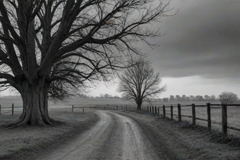 a winding dirt path leading through a rural landscape with a large, bare tree near a wooden fence, captured in black and white with a moody atmosphere