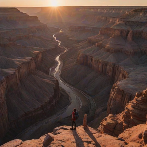 Breathtaking view of a canyon at sunrise, with layers of rock formations illuminated by the warm glow of the sun, a hiker standing at the edge, taking in the awe-inspiring landscape.