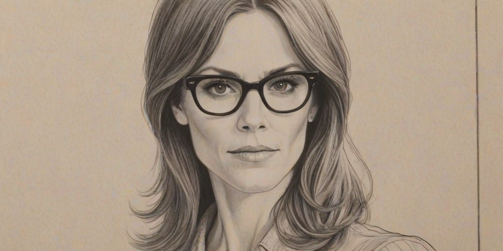 Resplendent Annabeth Gish, pencil sketch, portrait of Dazzling woman 1968s in glasses, hair style beatnik, outline, clear lines, fine lines, 8k