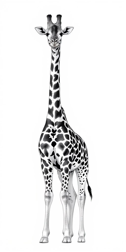 Generate a high-resolution black and white illustration of a giraffe standing gracefully in a natural pose, using a Canon EOS R5 camera with a 50mm lens at f/2.8, ISO 100, in a soft focus style with a slight vignette effect.