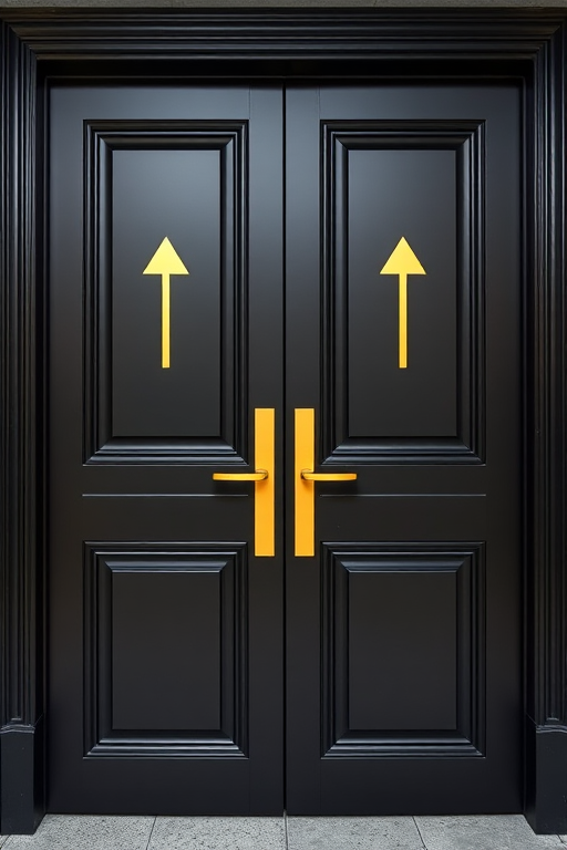 Create an image of a double door with a sleek black finish, featuring gold accents and arrows pointing upwards on each door, captured with a DSLR camera at f/8 aperture, ISO 100, using a 50mm lens, in a portrait view, with soft lighting to enhance details and texture.
