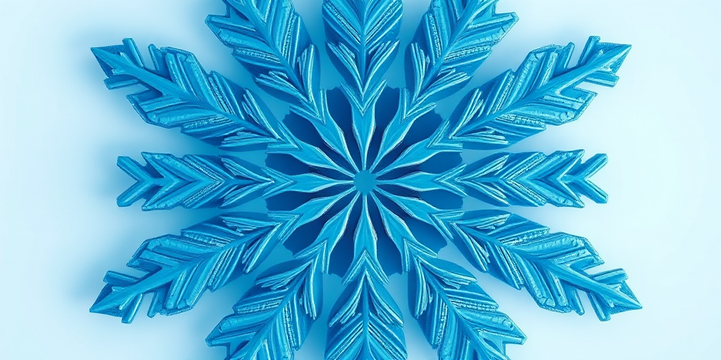 Create a detailed digital illustration of a snowflake design with varying shades of blue, featuring intricate geometric patterns, using a high-resolution setting at 300 DPI, shot with a macro lens on a digital SLR camera, from a top-down view to emphasize depth and detail in the structure.
