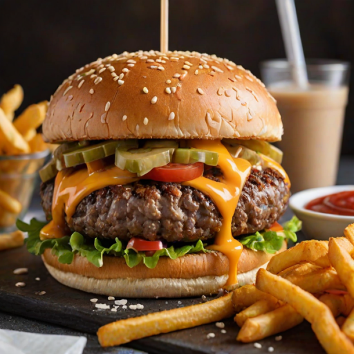 High-resolution, close-up image of a gourmet double cheeseburger. The burger features a glossy, sesame-seed-topped brioche bun. Inside, there are two thick, juicy beef patties, each topped with melted cheddar cheese. The burger is garnished with fresh lettuce, tomato slices, diced onions, and pickles. A generous amount of ketchup and a creamy, orange-colored sauce is dripping down the sides, adding to the mouth-watering appeal. In the background, there are blurred elements including a side of golden French fries and a hint of a beverage, enhancing the overall presentation of a delicious meal.