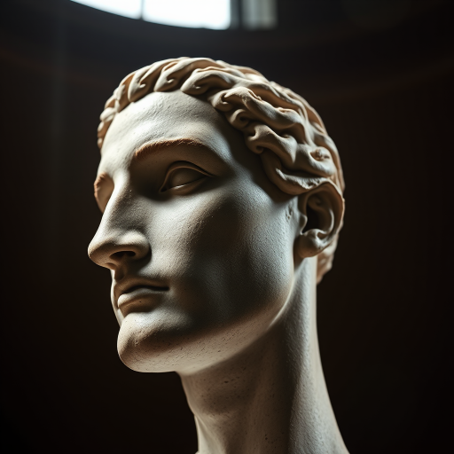 Create a high-resolution image of a sculpted head in a classical style with dramatic lighting, shot from a low angle using a 50mm lens at f/1.8, capturing intricate details and textures in a soft focus background, digital camera style.